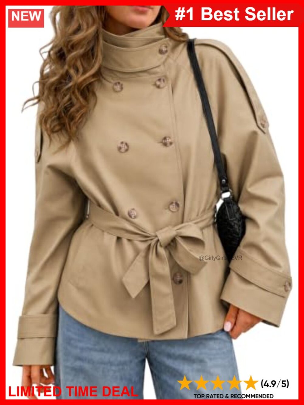 Womens Short Trench Coat Double Breasted Belted Tie Hem Fall Jacket